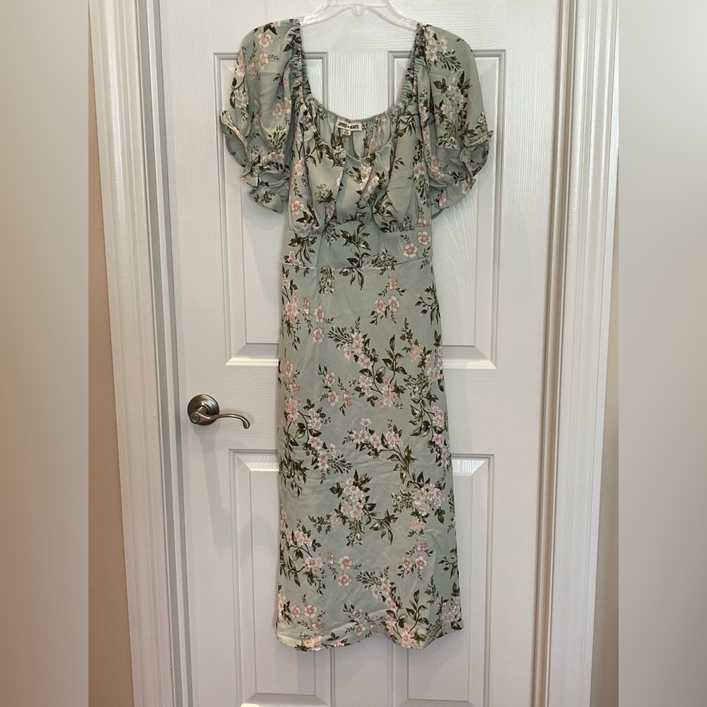 Inspired Hearts Sage Green Floral Maxi Dress with Puff Sleeves